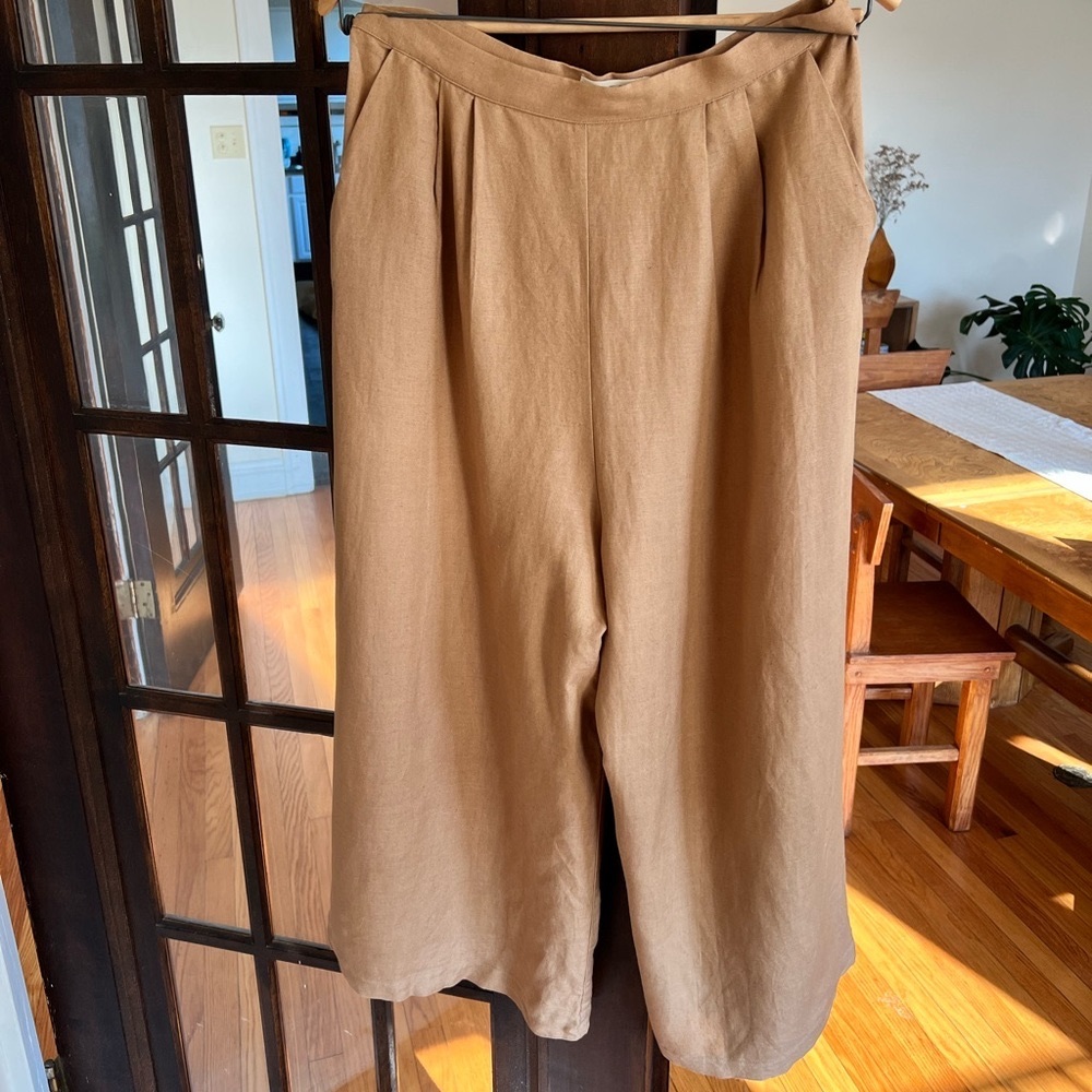 First Rite Sz L Linen Crop Trouser Culottes Brown Pleats Pockets